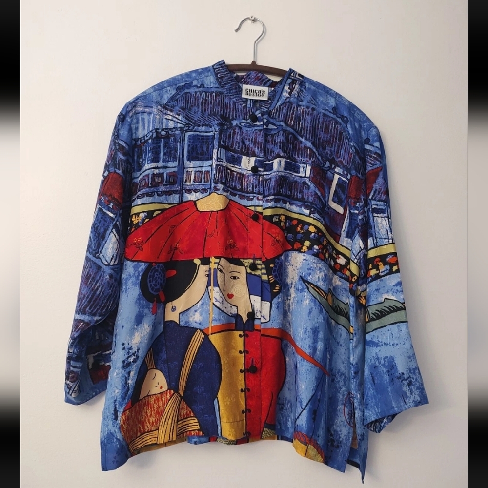 Chicos 100% Silk Asian Print Jacquard Blouse Women's 1 Medium